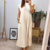 Women’s Pleated Long Summer Dress – Sleeveless Round Neck Maxi Dress