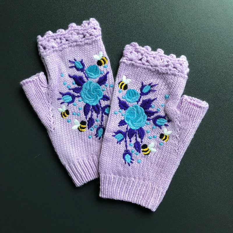 Embroidered Knitted Floral Gloves – Women’s Warm Half Finger Design