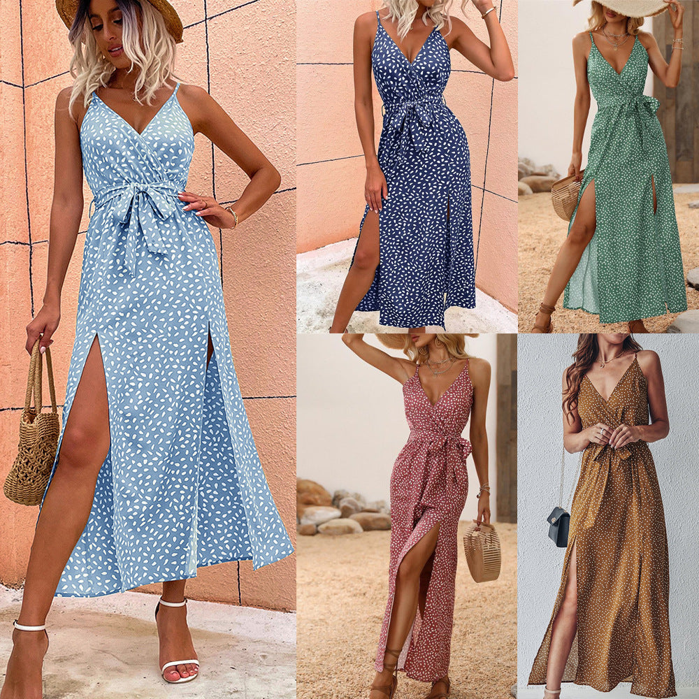 Floral V-Neck Suspender Maxi Dress – Lace-Up Summer Beach Long Dress