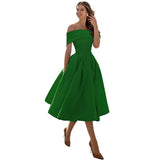 Women's Fashion Casual Strapless Satin Party Dress Off The Shoulder Tea Length Satin Prom Dresses With Pockts Formal Evening Party Dress
