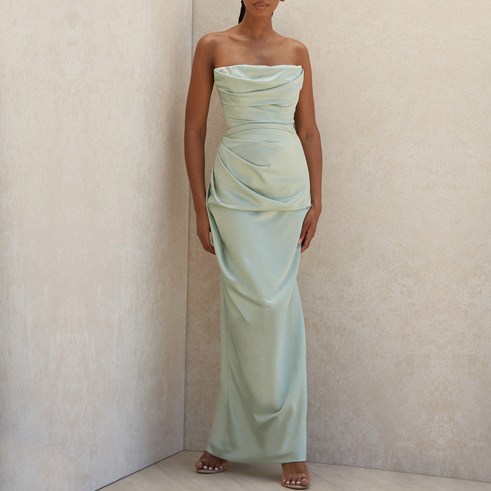 Satin Tube Top Split Knee-Length Dress – Elegant Evening Wear