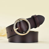 Round Buckle Leather Belt – Classic Cowhide Waistband for Women