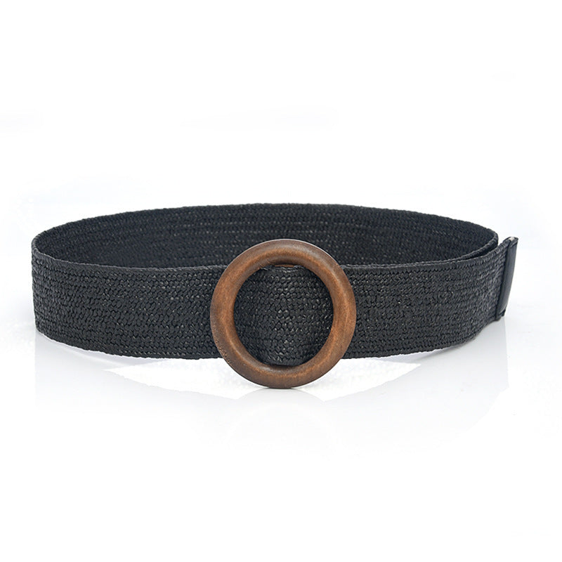 Boho Woven Waist Belt – Wide Linen-Inspired Belt with Round Buckle