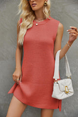Women’s Round Neck Sleeveless Summer Dress – Solid Color with Side Slit
