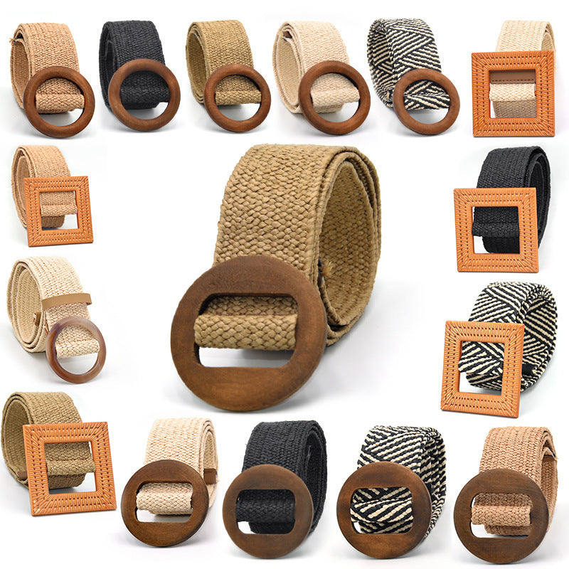Boho Woven Waist Belt – Wide Linen-Inspired Belt with Round Buckle