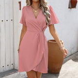 Summer V-neck Short-sleeved Dress Ins Fashion Tight-Waisted Beach Dresses Women's Clothing
