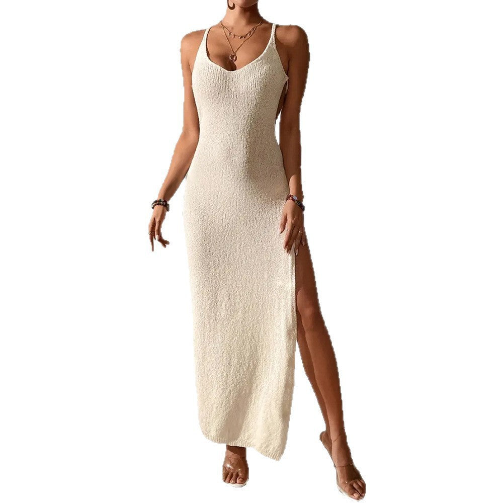 Sexy Cutout Slim Fit Slit Spaghetti Straps Knitted Beach Dress