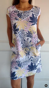 Flower And Leaf Printed Straight Dress Summer Loose Round Neck Short Sleeve Dresses Womens Clothing