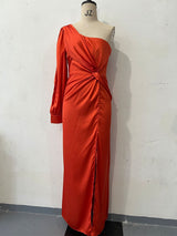 Women's One-shoulder Split Dress Ins Fashion Long-sleeved Slim Long Dresses Party Evening Clothing