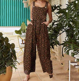Boho Patchwork Printed Suspender Jumpsuit – Loose Cotton Wide-Leg One-Piece