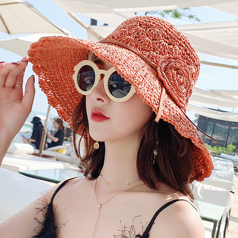 Women’s Foldable Flower Straw Sun Hat – Wide Brim Summer Style