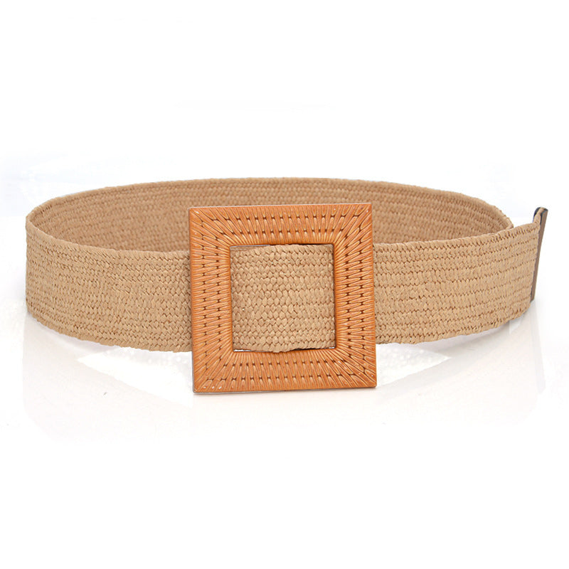 Boho Woven Waist Belt – Wide Linen-Inspired Belt with Round Buckle