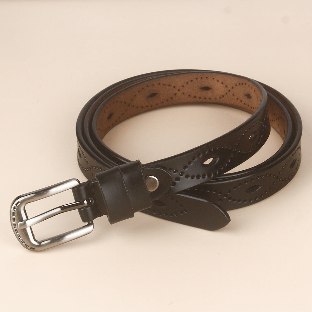 Vintage Hollow Leather Belt – Two-Layer Cowhide with Copper Buckle