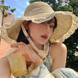 Women’s Lace Bow Straw Sun Hat – Wide Brim Summer Beach Hat