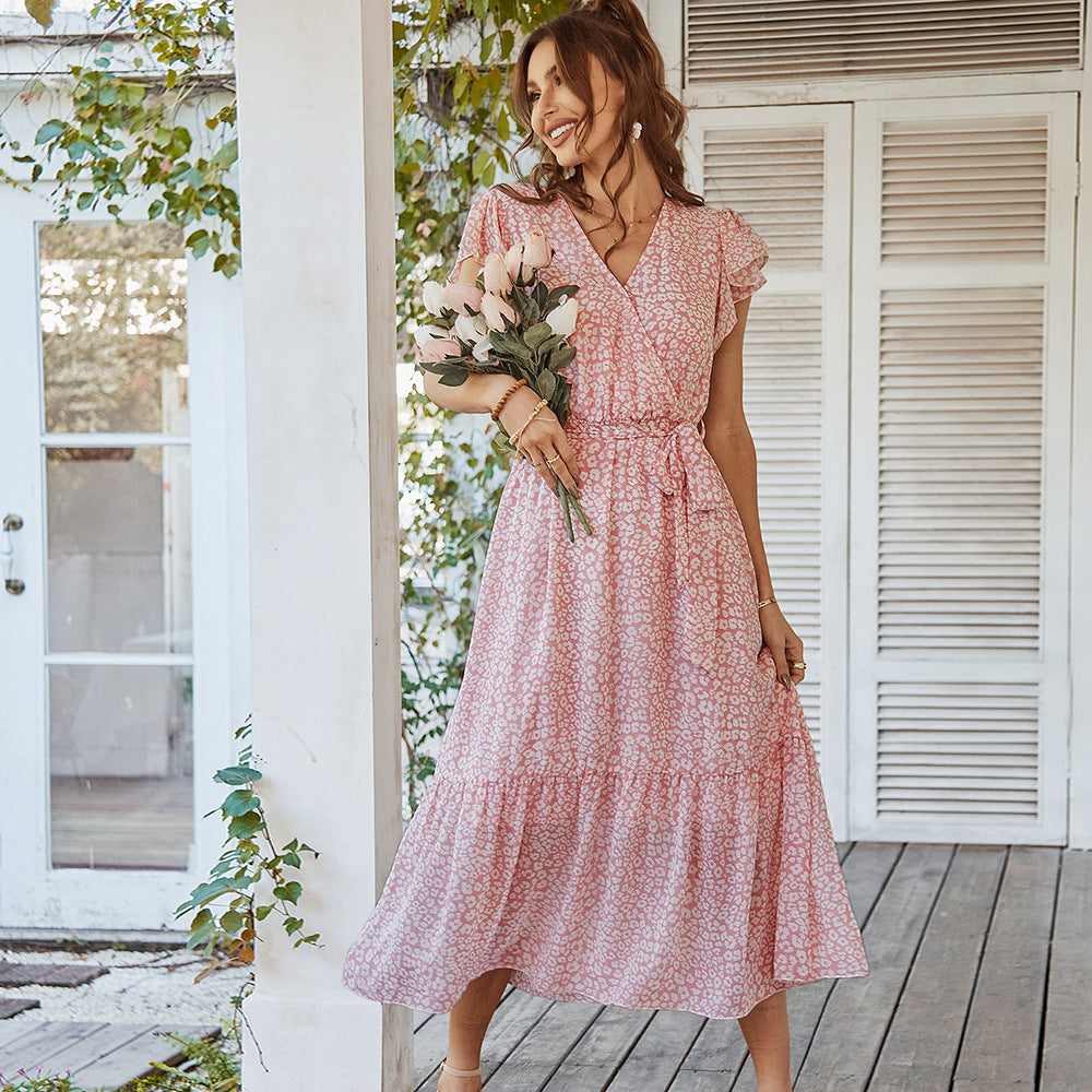 Boho Floral V-Neck Maxi Dress – Summer Ruffle Sleeve Wrap Belt Long Dress