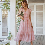 Boho Floral V-Neck Maxi Dress – Summer Ruffle Sleeve Wrap Belt Long Dress