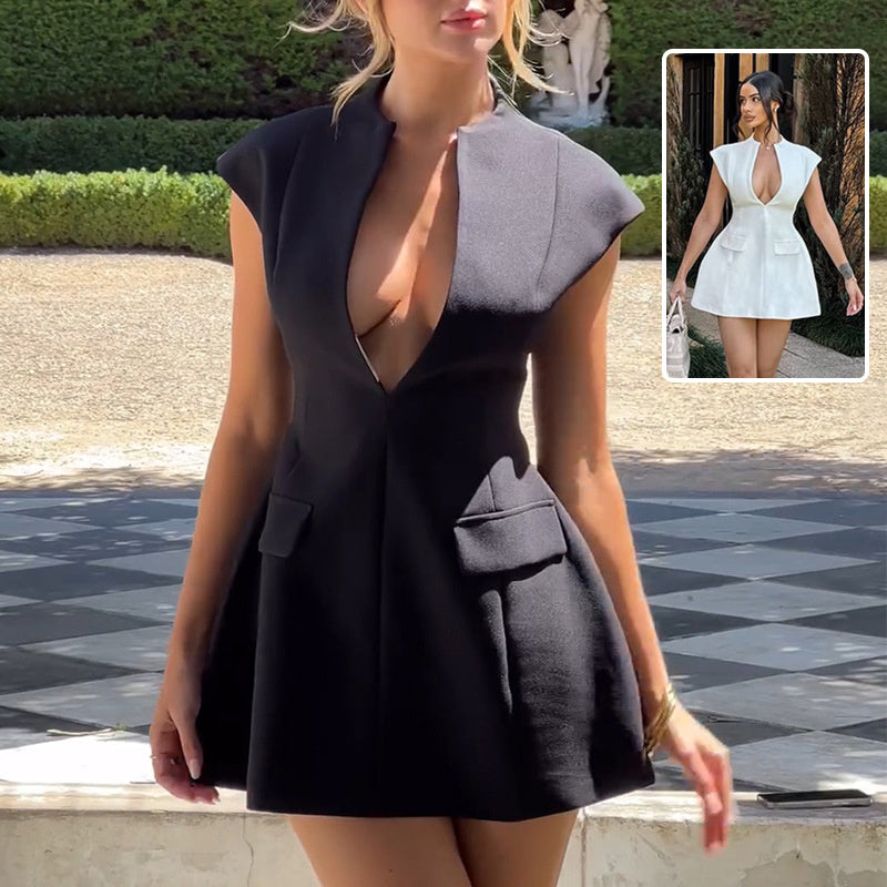 Chic Deep V-Neck A-Line Mini Dress – French Style Sleeveless Party Dress
