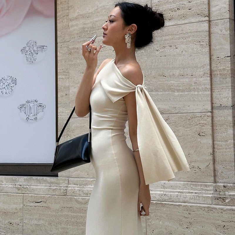 One-Shoulder Ribbon Maxi Dress – Slim Sleeveless Evening Party Dress