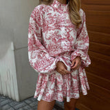 Ink Print A-Line Mini Dress – Long Sleeve Puff Sleeve Tie Waist Dress