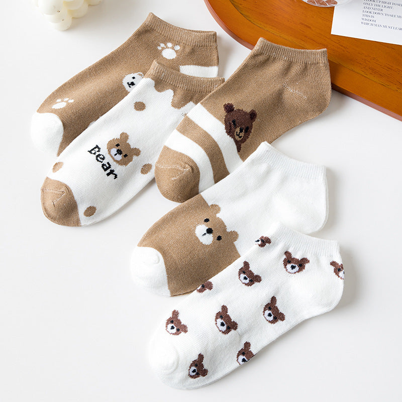 Cartoon Low-Cut Ankle Socks – Cute Bear & Strawberry Designs (5 Pairs)