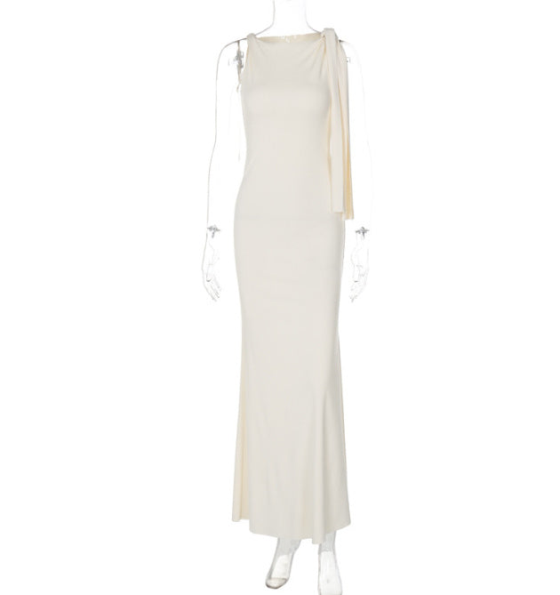 One-Shoulder Ribbon Maxi Dress – Slim Sleeveless Evening Party Dress