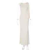 One-Shoulder Ribbon Maxi Dress – Slim Sleeveless Evening Party Dress