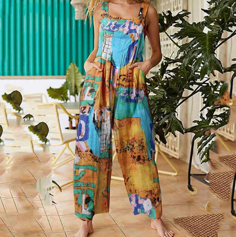 Boho Patchwork Printed Suspender Jumpsuit – Loose Cotton Wide-Leg One-Piece