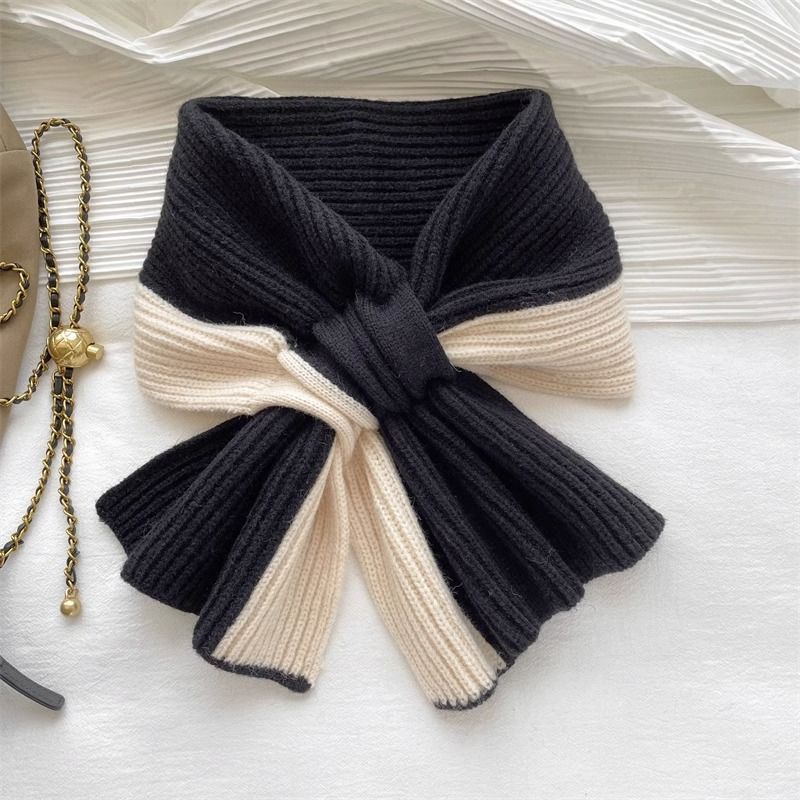 Colorblock Knit Bow Scarf – Soft Ribbed Winter Wrap
