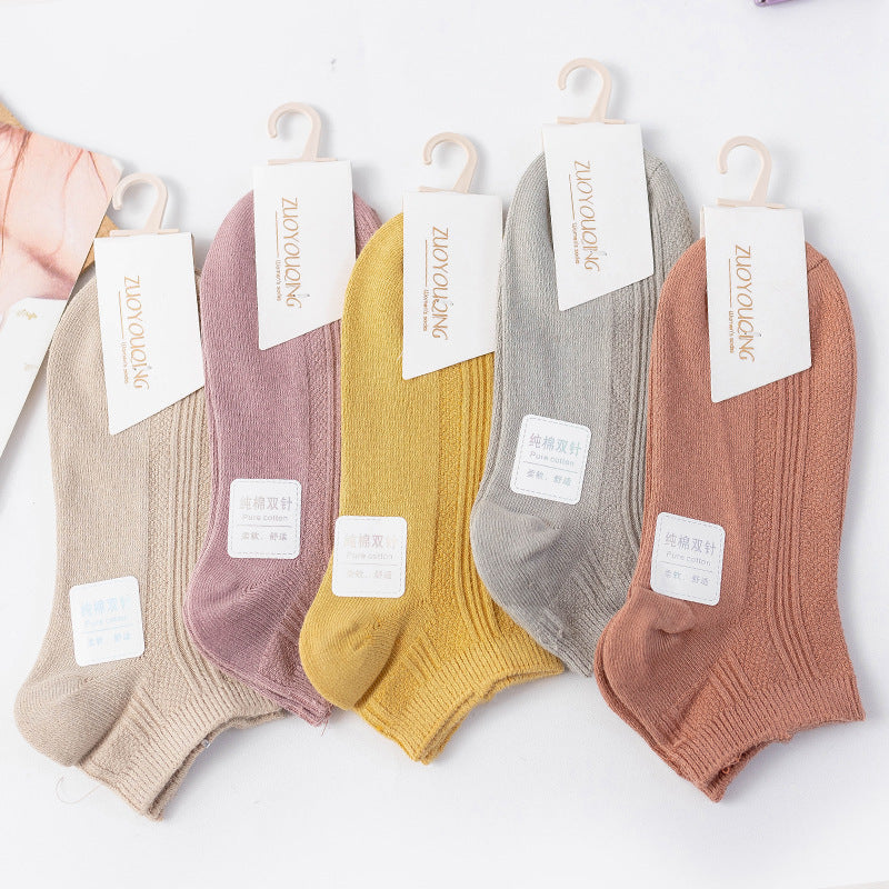 Women’s Double Needle Cotton Ankle Socks – Solid Color Short Casual