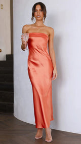 Women’s Strapless Satin Maxi Dress – Backless Party & Evening Dress