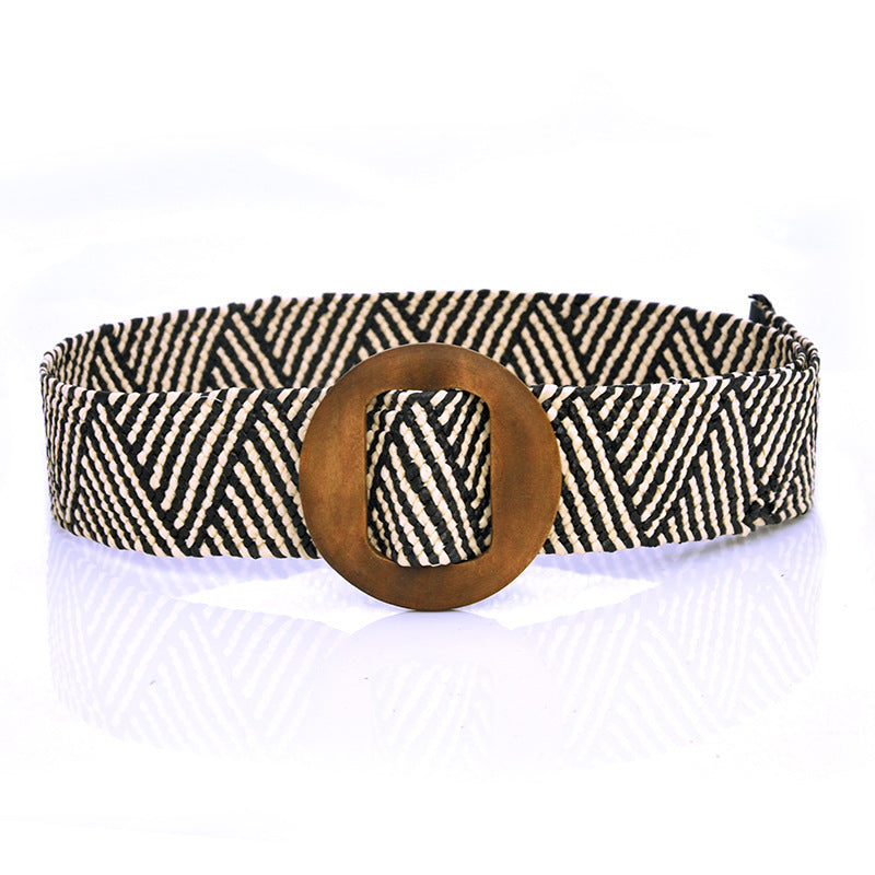 Boho Woven Waist Belt – Wide Linen-Inspired Belt with Round Buckle