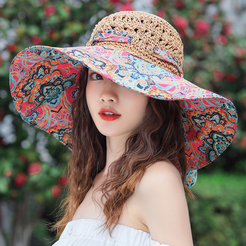 Women’s Ethnic Style Outdoor Sun Hat – Windproof Large Brim Straw Hat