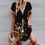 Printed Lace V-Neck Dress – Short Sleeve Tight Waist Swing Dress