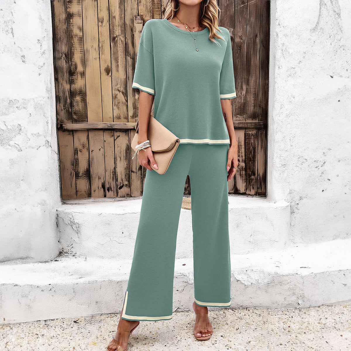 Women’s 2Pcs Summer Casual Knitted Suit – Short Sleeve Top & Loose Straight Trousers