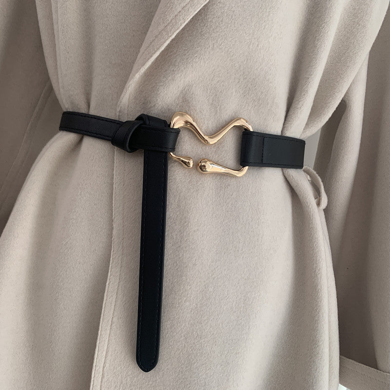 Knotted Thin PU Belt – Double Ring Buckle Waist Belt for Suits & Dresses