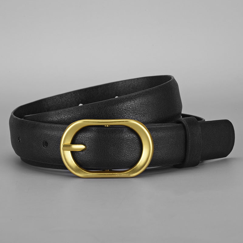 Oval Buckle Faux Leather Belt – Everyday Slim Waist Belt for Women