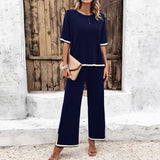 Women’s 2Pcs Summer Casual Knitted Suit – Short Sleeve Top & Loose Straight Trousers