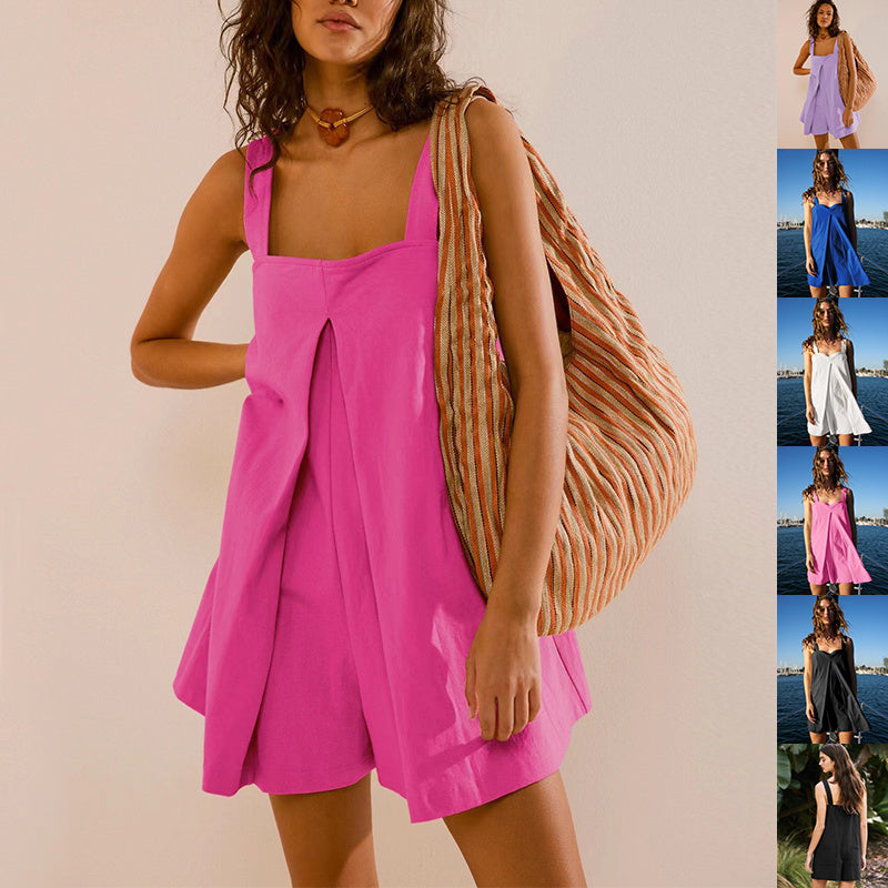 Women’s Solid Color Loose Square Collar Jumpsuit – Summer Casual Suspender Shorts