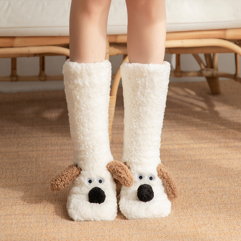 Women’s Plush Dog Floor Socks – Cute Non-Slip Winter Warm Design