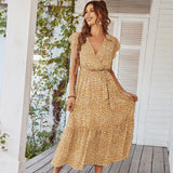 Boho Floral V-Neck Maxi Dress – Summer Ruffle Sleeve Wrap Belt Long Dress