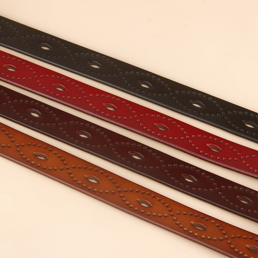 Vintage Hollow Leather Belt – Two-Layer Cowhide with Copper Buckle