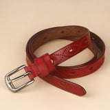 Vintage Hollow Leather Belt – Two-Layer Cowhide with Copper Buckle