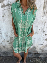 Ethnic Print Lapel Shirt Dress – Sleeveless Button-Up Beach Dress