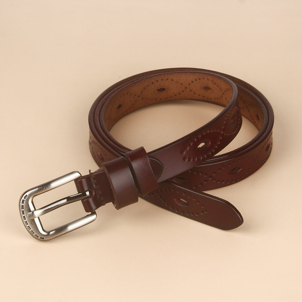 Vintage Hollow Leather Belt – Two-Layer Cowhide with Copper Buckle