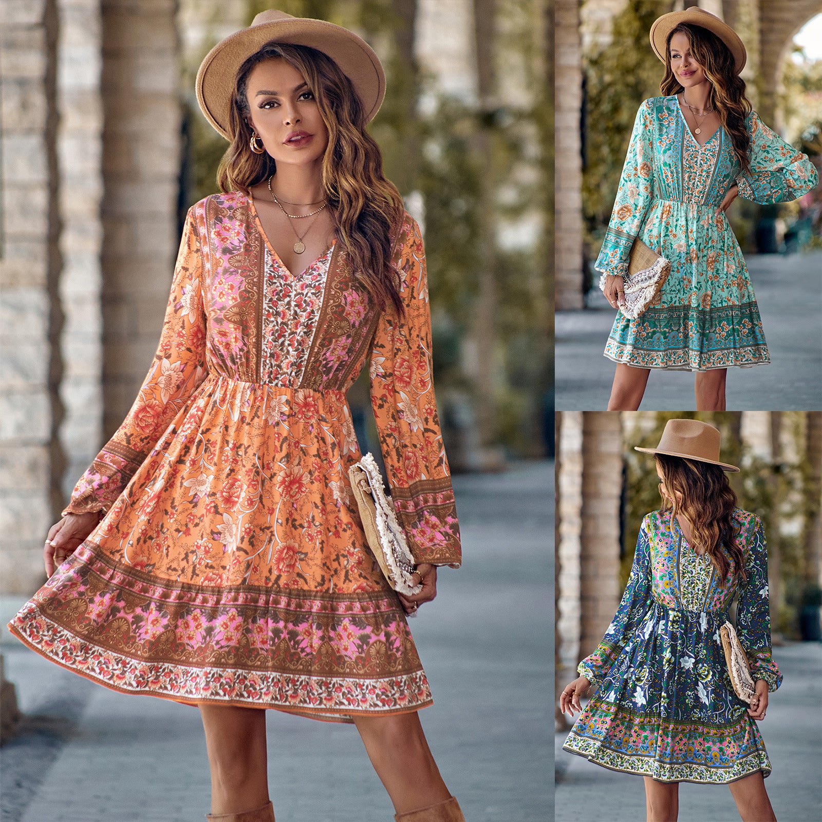 Printed V-neck Waist-Controlled Long Sleeve Dress for Women