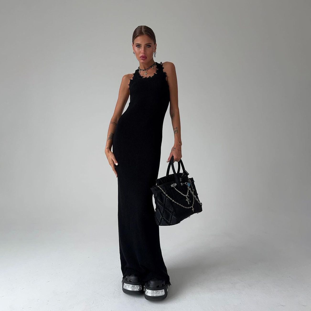 Frayed Hem Slim Fit I-shaped Vest Knitted Dress