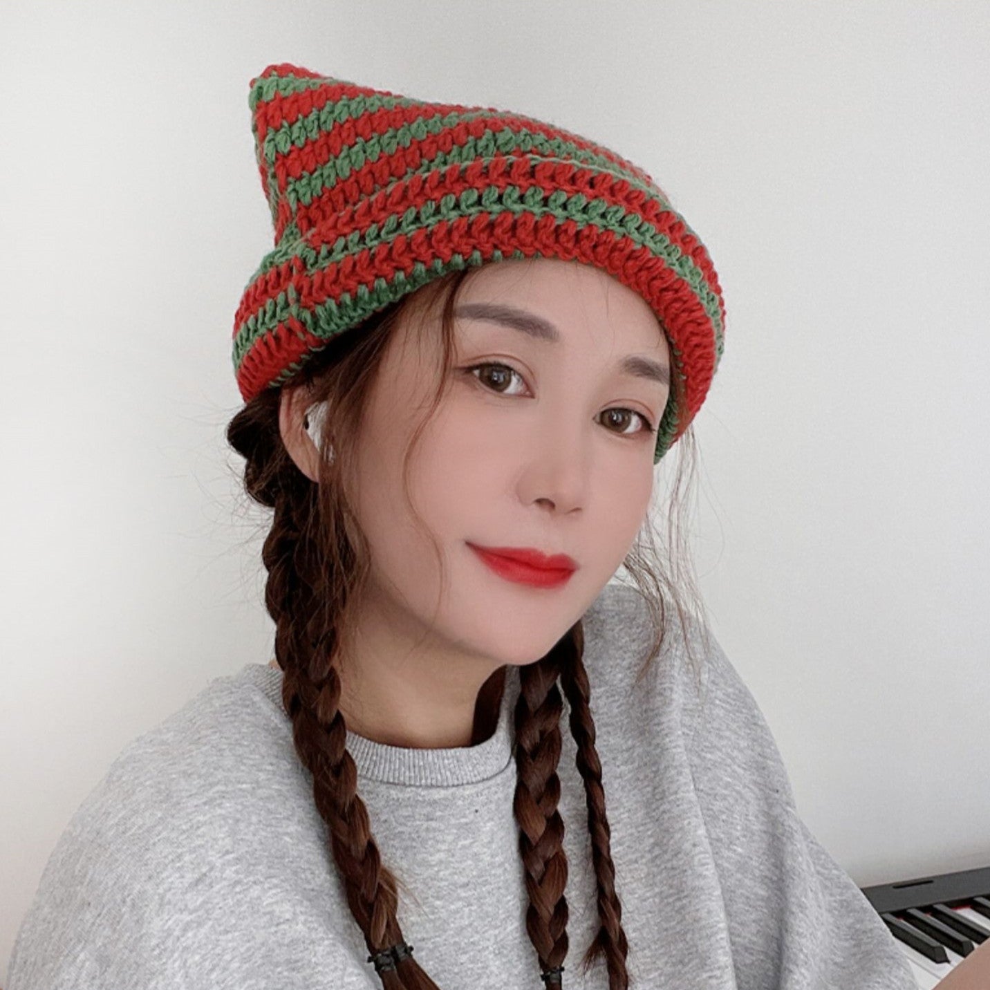 Women’s Knitted Wool Beanie – Striped Devil Horn Style