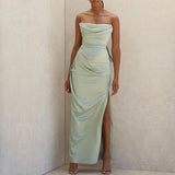 Satin Tube Top Split Knee-Length Dress – Elegant Evening Wear